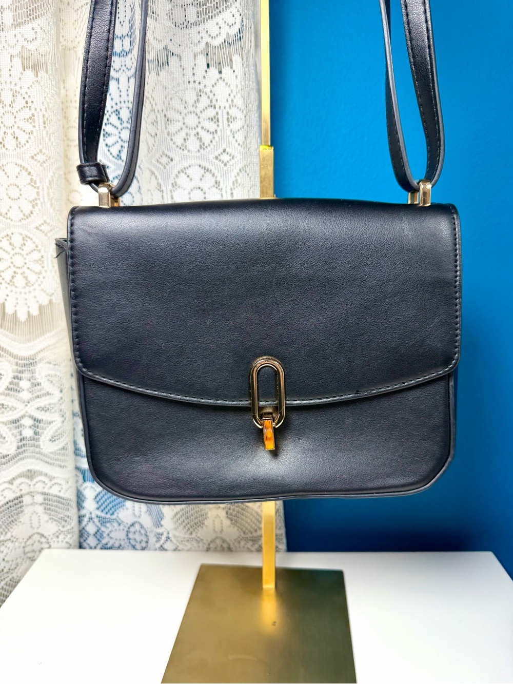 New Day Black Leather Crossbody Bag with Gold color Hardware 6.5 in H x 10 in L